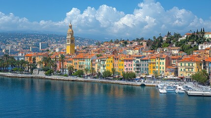 Obraz premium Coastal cityscape with colorful buildings, a bell tower, and boats on the water under a partly cloudy sky