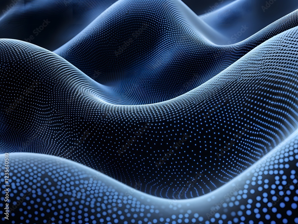 Poster digital wave: abstract rendering of a flowing digital wave, composed of interconnected blue dots cre