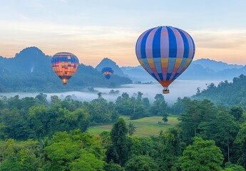 Naklejka premium Three hot air balloons fly over a lush green landscape, with mist clinging to the valleys below, at sunrise. Colorful balloons against a hazy morning