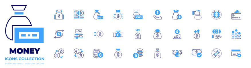 Money icon collection. Bold line style. Duotone colors. price up, money, finance, money bag, money management, coin, transaction, money icons, money exchange, money flow
