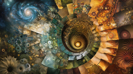 Intricate Collage Illustrating the Concept of the Golden Spiral With Vibrant Colors and Dynamic Patterns. Generative AI