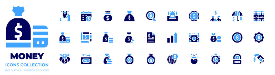 Money icon collection. Bold style. Duotone colors. deposit, money, coin, pay day, pay per click, book keeping, financial, money bag, money withdrawal, money bills