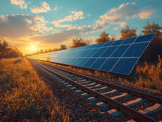 Sunlit Solar Panels Alongside Train Tracks at Sunset, Capturing the Harmony Between Nature and Renewable Energy Sources in a Serene Landscape