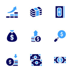 Money icon set. Bold style. Duotone colors. increase, money bag, money loss, stack, money, growth