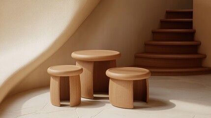 Wooden stools, staircase, sunlit interior, display