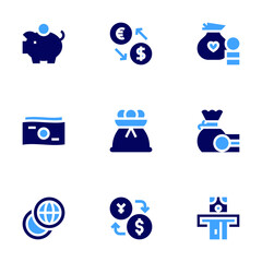 Money icon set. Bold style. Duotone colors. piggybank, banknote, money exchange, money bag, money withdrawal