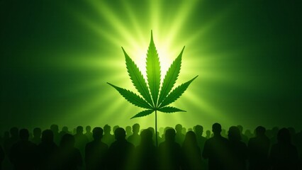 The marijuana leaf turns into a radiant sun, casting a green glow over a crowd. It symbolizes life and growth, as its divine energy illuminates the followers, offering spiritual warmth.