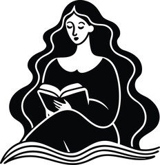 A beautiful Woman reading a book silhouette vector illustration, Woman reading a book line art vector, Woman reading a book vector drawing