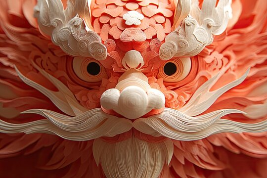 Visage de dragon asiatique orn&eacute; de d&eacute;tails complexes en papier, symbole de puissance et de tradition.
