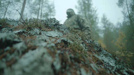 Hunter in foggy forest, mossy rock closeup