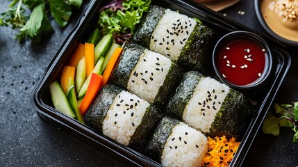 A selection of Onigiri rice balls neatly wrapped in nori, placed in a bento box with a side of fresh vegetables and a small dipping sauce