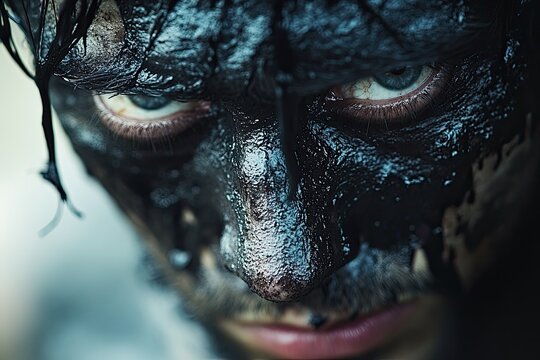 Un regard intense et d&eacute;termin&eacute; d'un homme au visage couvert de boue sombre