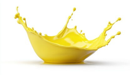 Vibrant yellow liquid splash against a white background. The splash creates a dynamic, energetic shape, with droplets and texture adding visual