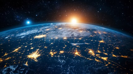 Obraz premium Stunning view of Earth from space at sunrise, showcasing city lights and a bright sun. Dark space background with stars and planets. Detailed