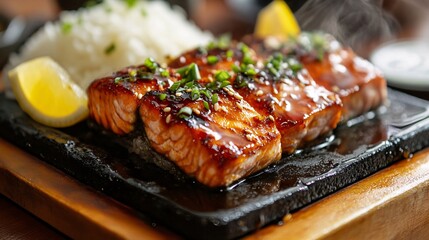 Teriyaki Salmon fillets on a sizzling hot stone, with a glossy sauce and a side of fresh rice, garnished with herbs and lemon wedges