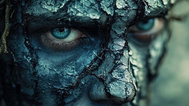 Un regard intense d'un homme au visage couvert d'&eacute;corce bleue et craquel&eacute;e, &eacute;voquant la nature et la force.