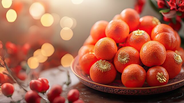 Gourde de mandarines juteuses et sucr&eacute;es, d&eacute;cor&eacute;es de baies rouges et de lumi&egrave;res floues.