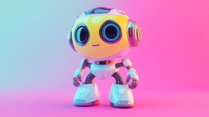 Cute robot stands, pink blue background, tech concept