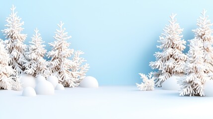 Fototapeta premium Snow covered pine trees stand in a minimalist winter landscape with a light blue background.