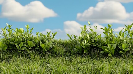 Green Grass with Fresh Leaves Under Blue Sky and White Clouds