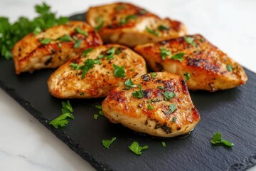 Grilled Chicken Breast Pieces with Fresh Herbs on Slate Board