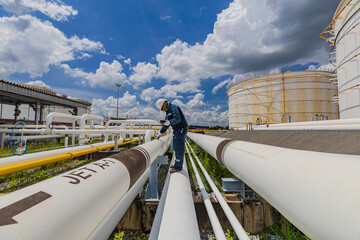 Male worker inspection and measurement thickness pipeline oil and gas