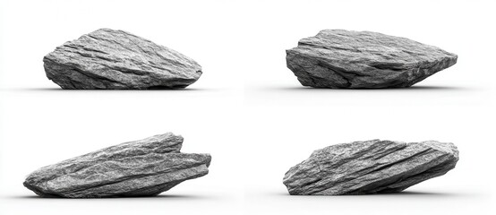 Four grayscale 3D renderings of irregular, rough textured rocks isolated on a white background. The rocks vary slightly in shape and orientation