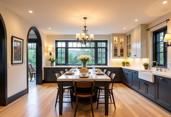 Spacious Modern Kitchen: Cabinets with Island, Chandelier, Light Wood Floors, Black Arched Windows, Medieval Style, Cutlery, Plants, Sconces, Warm, Neutral Tones, Cream White Walls.
