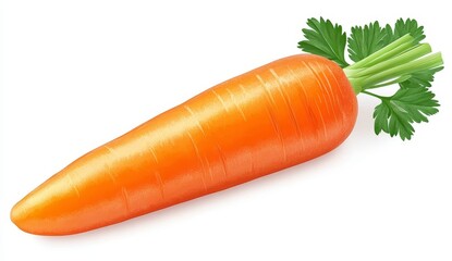 Single fresh orange carrot with green leaves isolated on white background. Vibrant color, detailed texture, healthy vegetable