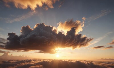 Fototapeta premium A wispy layer of altocumulus clouds is cast in a warm golden light as the sun rises over the horizon, cloudy sky, morning light, soft focus