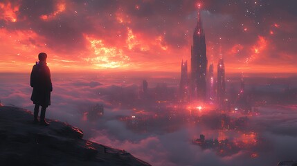 Fototapeta premium Person gazing at futuristic city sunset, cloudscape