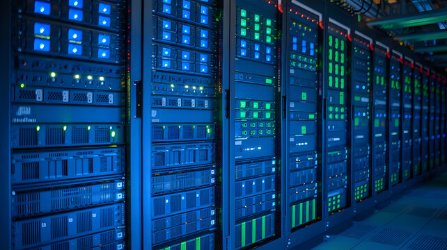 Data Center Power: Rows of powerful servers hum with activity in a modern data center, their glowing lights illuminating the scene in cool blue and green hues.