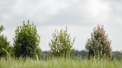Three shrubs in a field, cloudy sky.  Nature photography for websites