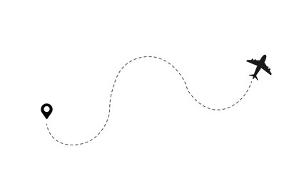 Airplane dashed line path flat style design isolated on white background.  plane icon follow from start pin point to finish by dashed line. Airplane route trace flight air map.