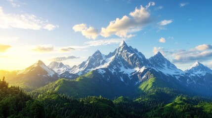 Majestic Snowcapped Mountain Peaks at Sunrise