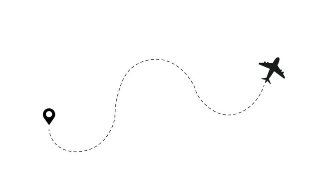 Airplane dashed line path flat style design isolated on white background.  plane icon follow from start pin point to finish by dashed line. Airplane route trace flight air map.