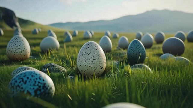 Pastel easter eggs in a scenic meadow aligning with spring celebrations. Easter, Pascha, Paskha, Ostern, Pascua, Paques - Orthodox and Catholic Holiday celebration