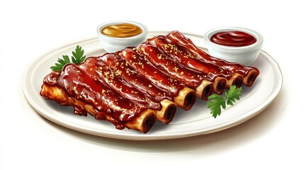 Obraz premium BBQ ribs, sauces, parsley garnish, white plate. Delicious food photography for restaurant menus