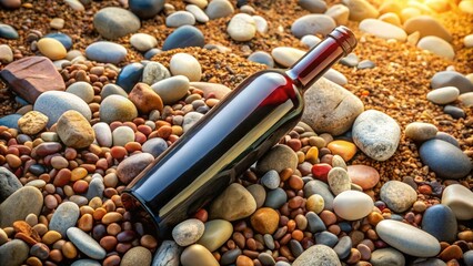 A wine bottle resting on its side on a stone surface surrounded by various types of rocks and pebbles, pattern, outdoor