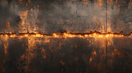 Close up view of a dark metallic surface with a thin line of bright orange and yellow sparks or flames running horizontally across it. The background