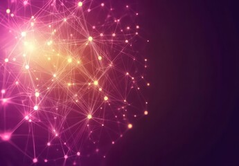 Abstract background with glowing purple and yellow network connections. Intricate lines form a complex pattern on a dark background. The network is