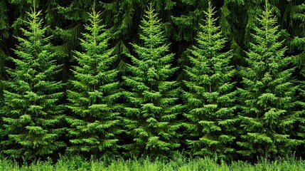 Fototapeta premium Lush Green Evergreen Trees in Rows Against Dark Background
