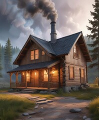 A wooden cabin with a sloping roof and a chimney emitting smoke, cozy cabin life, woodland hideaway