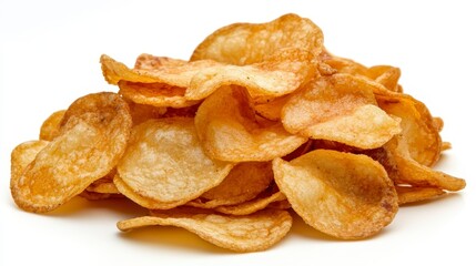 A pile of golden brown potato chips against a white background. The chips are thin, crispy, and slightly irregular in shape. Some appear seasoned