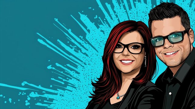 Happy hosts podcasting, teal splash background, cheerful studio