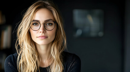 Woman, glasses, portrait, dark background, office