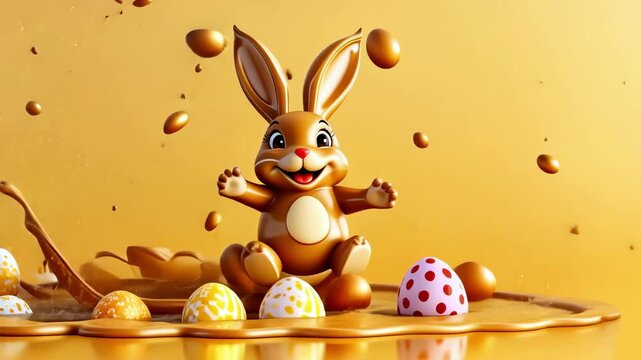 Joyful easter bunny splashes in chocolate with decorated eggs for spring celebration. Easter, Pascha, Paskha, Ostern, Pascua, Paques - Orthodox and Catholic Holiday celebration