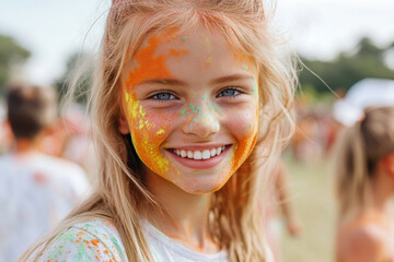 close-up of young woman with holi colors smeared on her cheeks looking directly at camera with joyful expression
