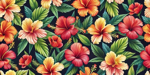 Seamless Hibiscus Flower Pattern , culture-inspired, long-stemmed hibiscus