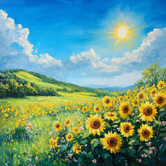Obraz premium A sunny spring meadow filled with sunflowers and other flowers. Beautiful weather, a bright blue, clear sky with a bright sun above the horizon.